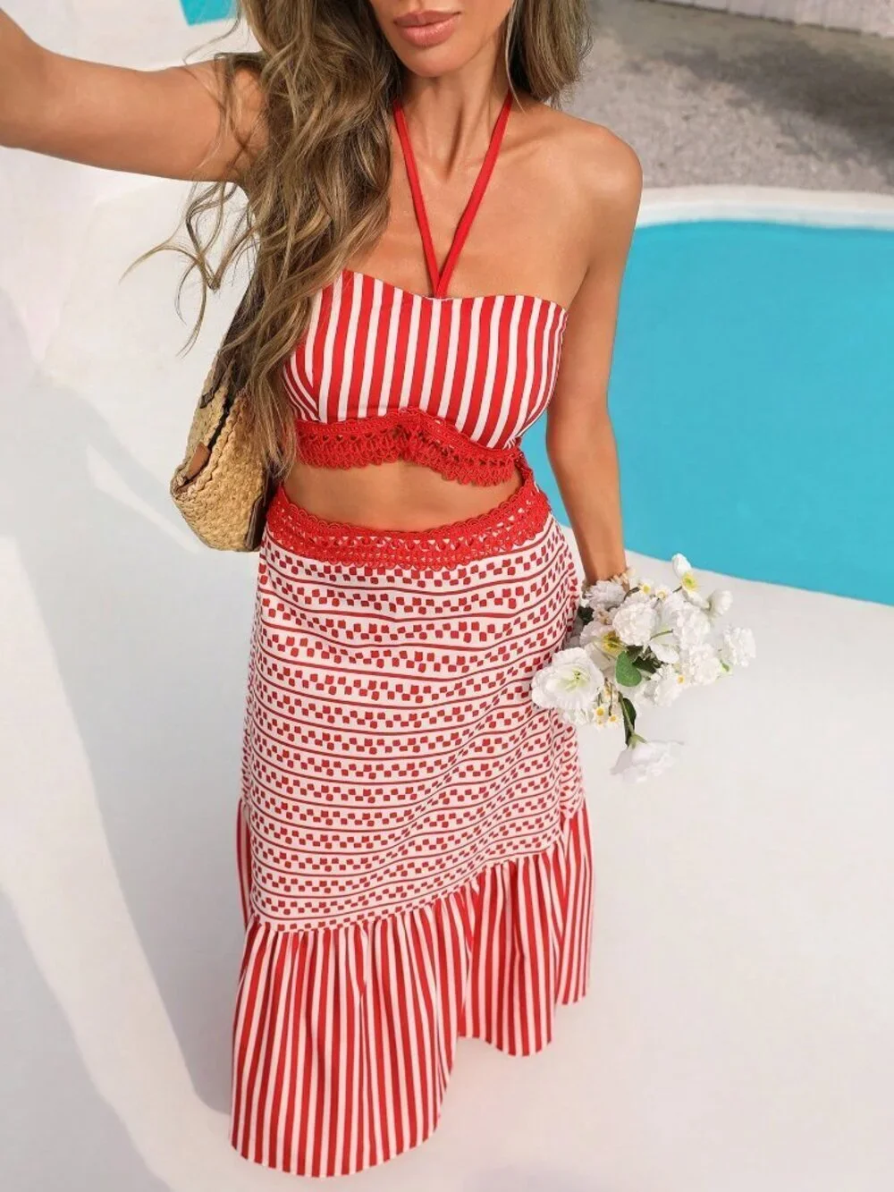 Red & White Boho Women's Halter Floral Back Camisole And Waist A-Line Skirt Set